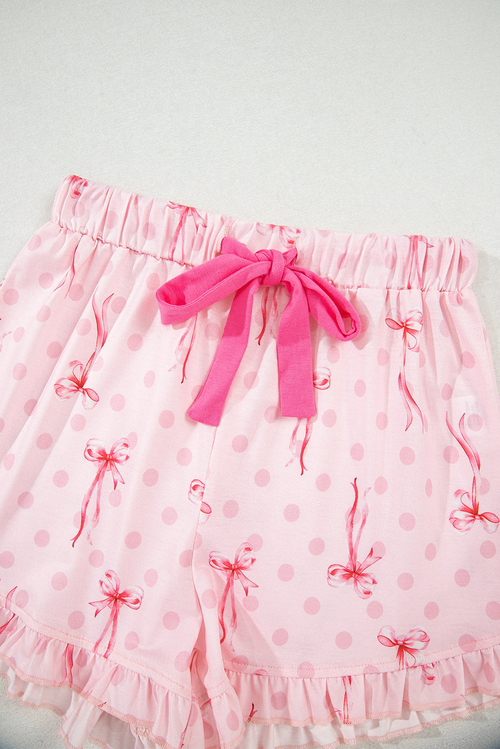 Beige Bow Fruit Print Contrast Pipping Short Pajamas Set