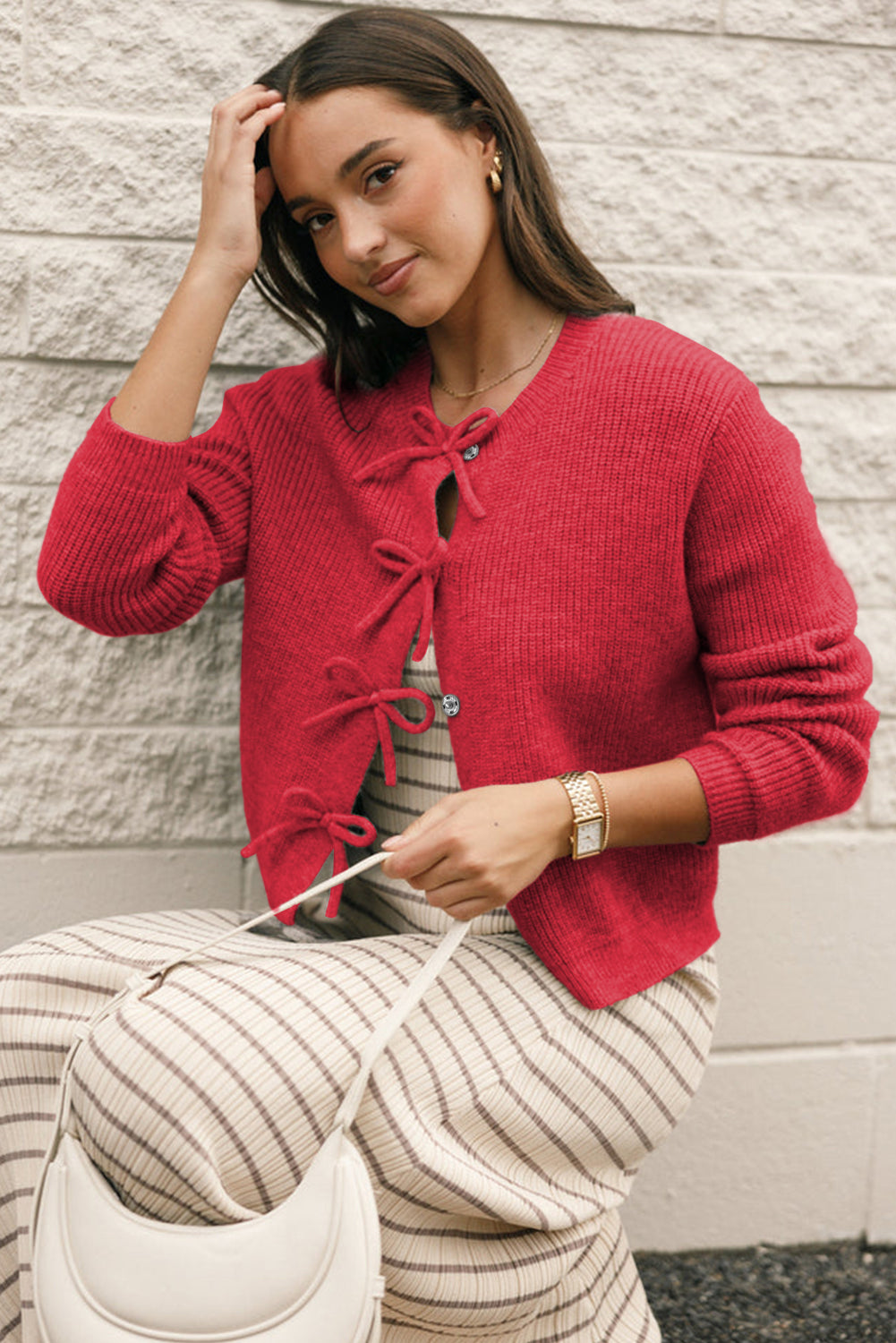 Philippine Gray Ribbed Knit Bow Front Buttoned Cardigan