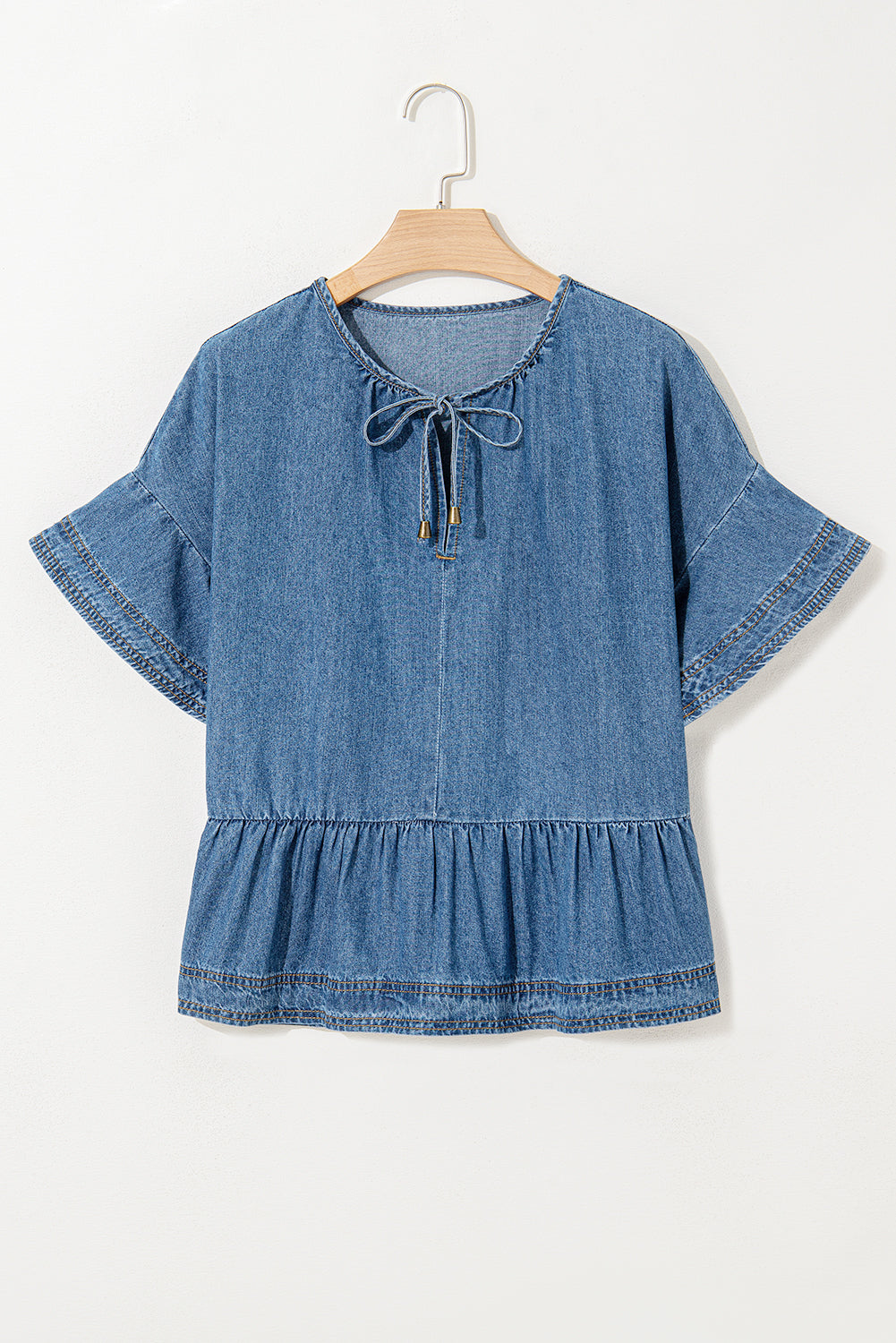 Dusk Blue Denim Ruffled Sleeve Lace up Front Peplum Top