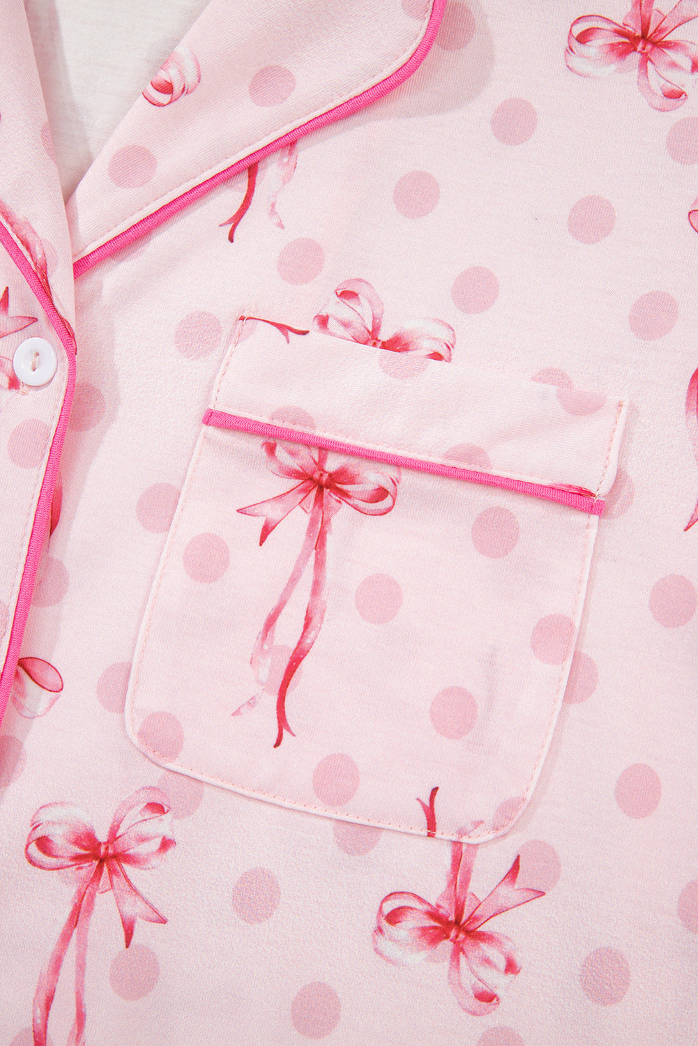 Beige Bow Fruit Print Contrast Pipping Short Pajamas Set