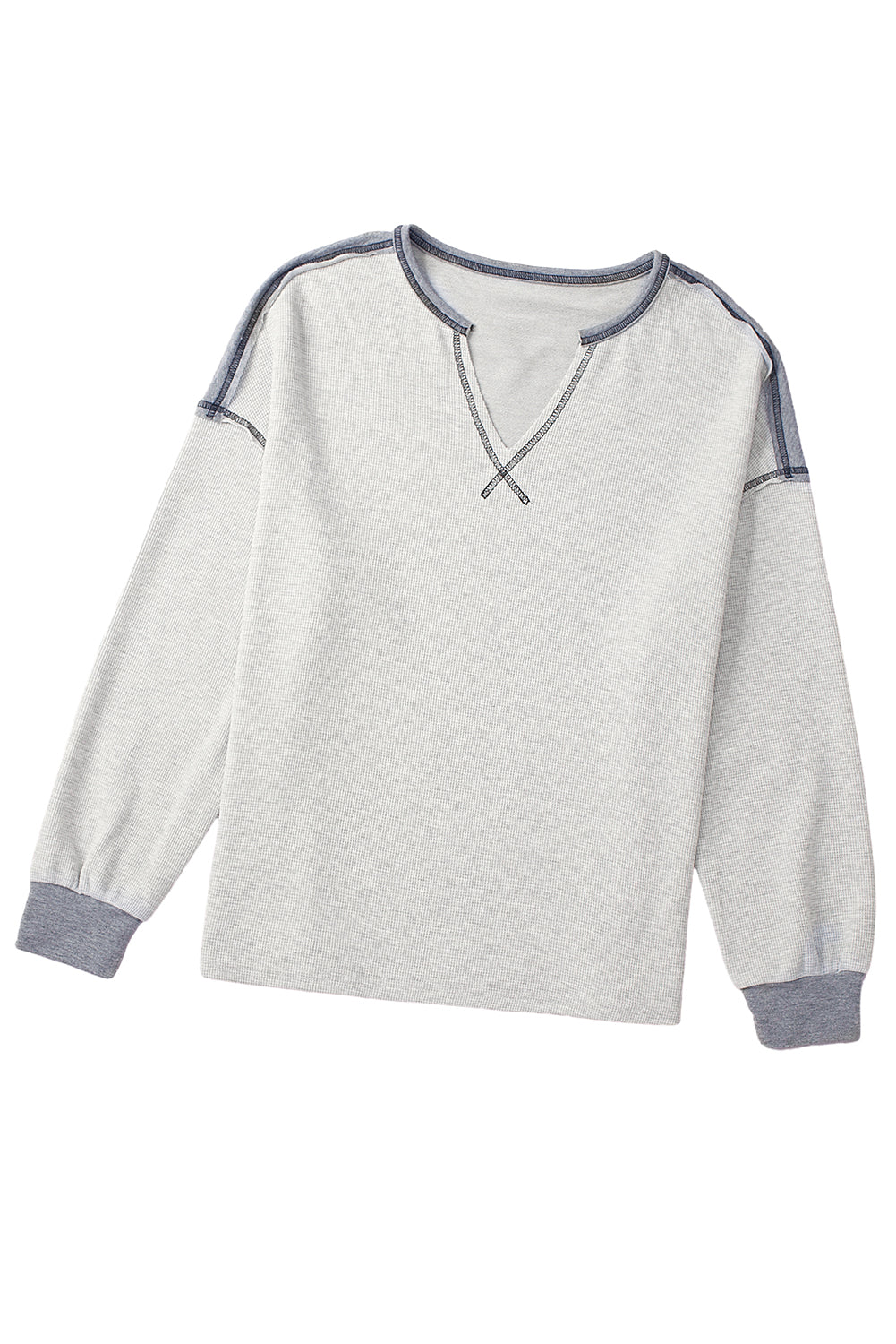 Gray Exposed Seam Ribbed Patchwork V Neck Sweatshirt