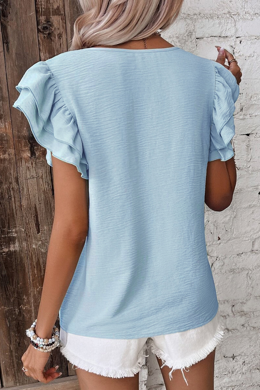 Beige Solid Color Ruffled Short Sleeve Casual Blouse