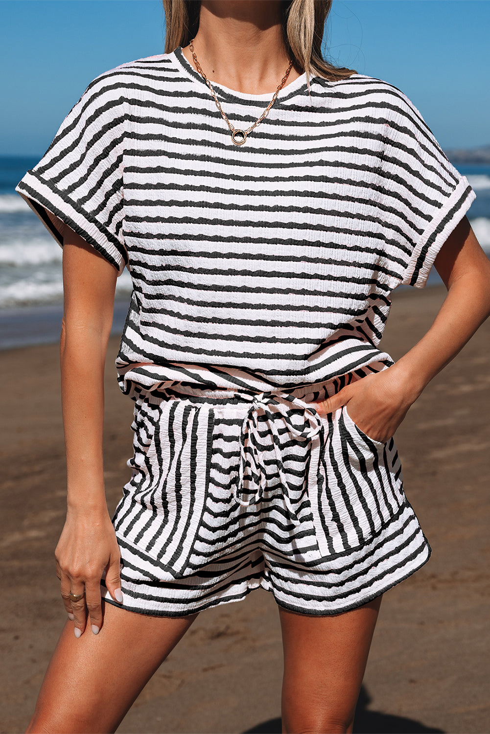 Sky Blue Stripe Knitted Short Sleeve Top and Drawstring Shorts Set