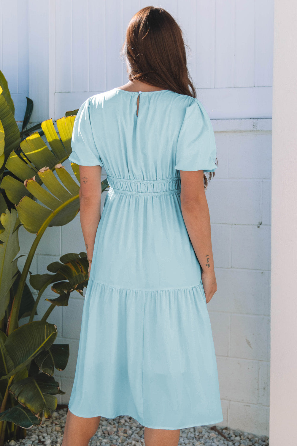 Black Puff Sleeve Pleated High Waist Flowy Long Dress