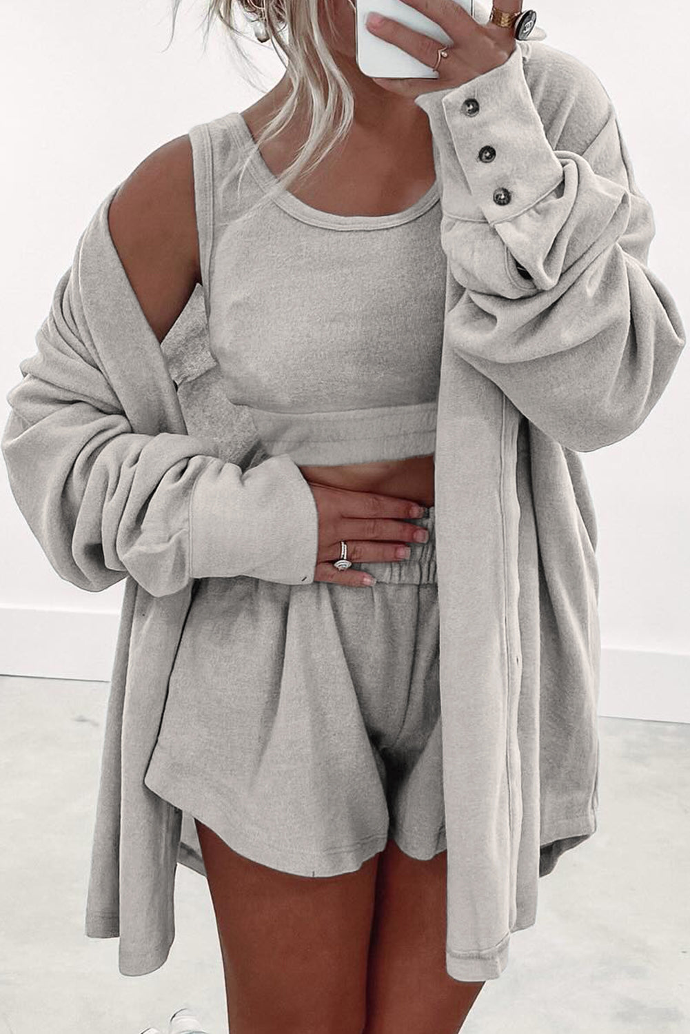 Light Pink 3 Pcs Crop Tank Top Shorts with Cardigan Lounge Set