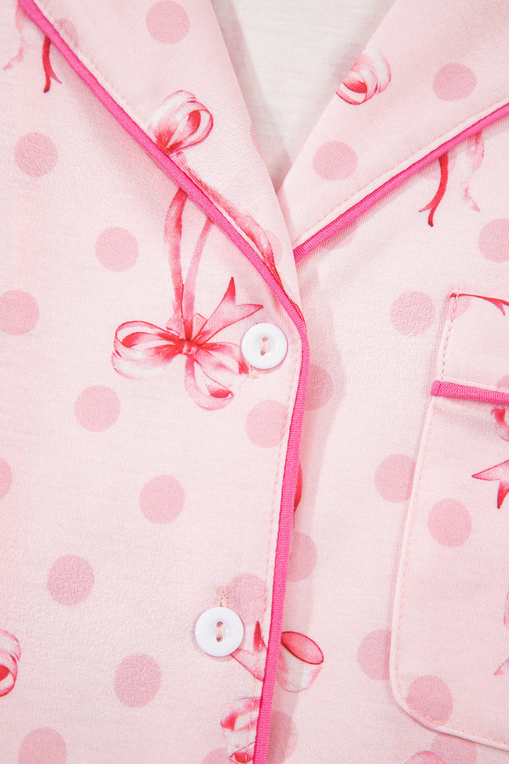 Beige Bow Fruit Print Contrast Pipping Short Pajamas Set