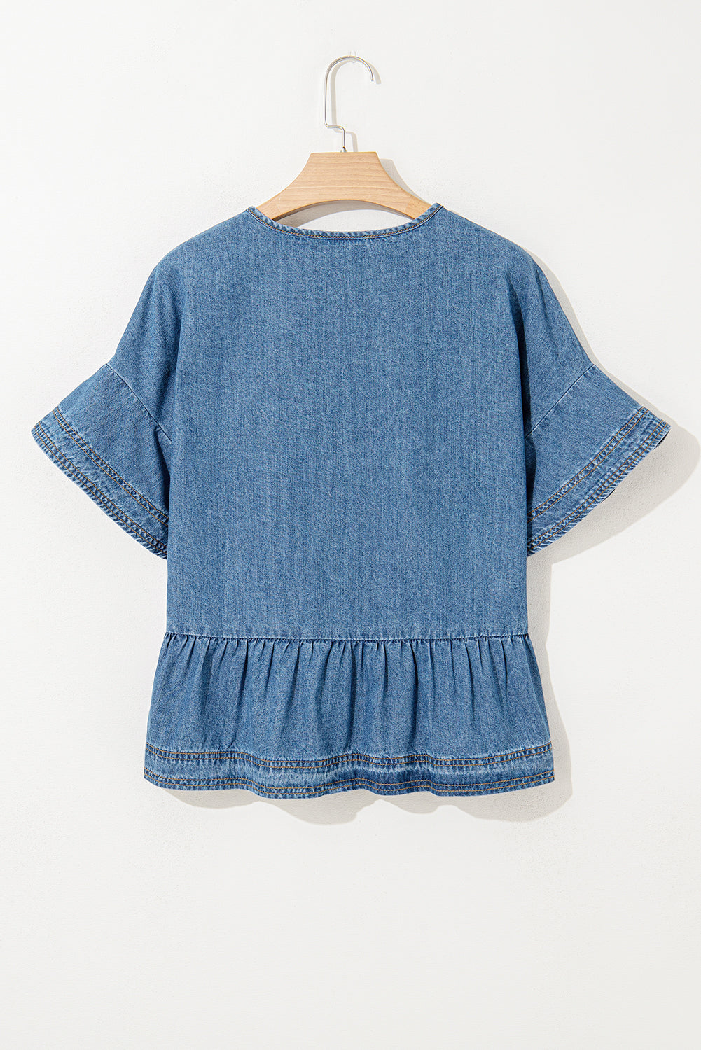 Dusk Blue Denim Ruffled Sleeve Lace up Front Peplum Top
