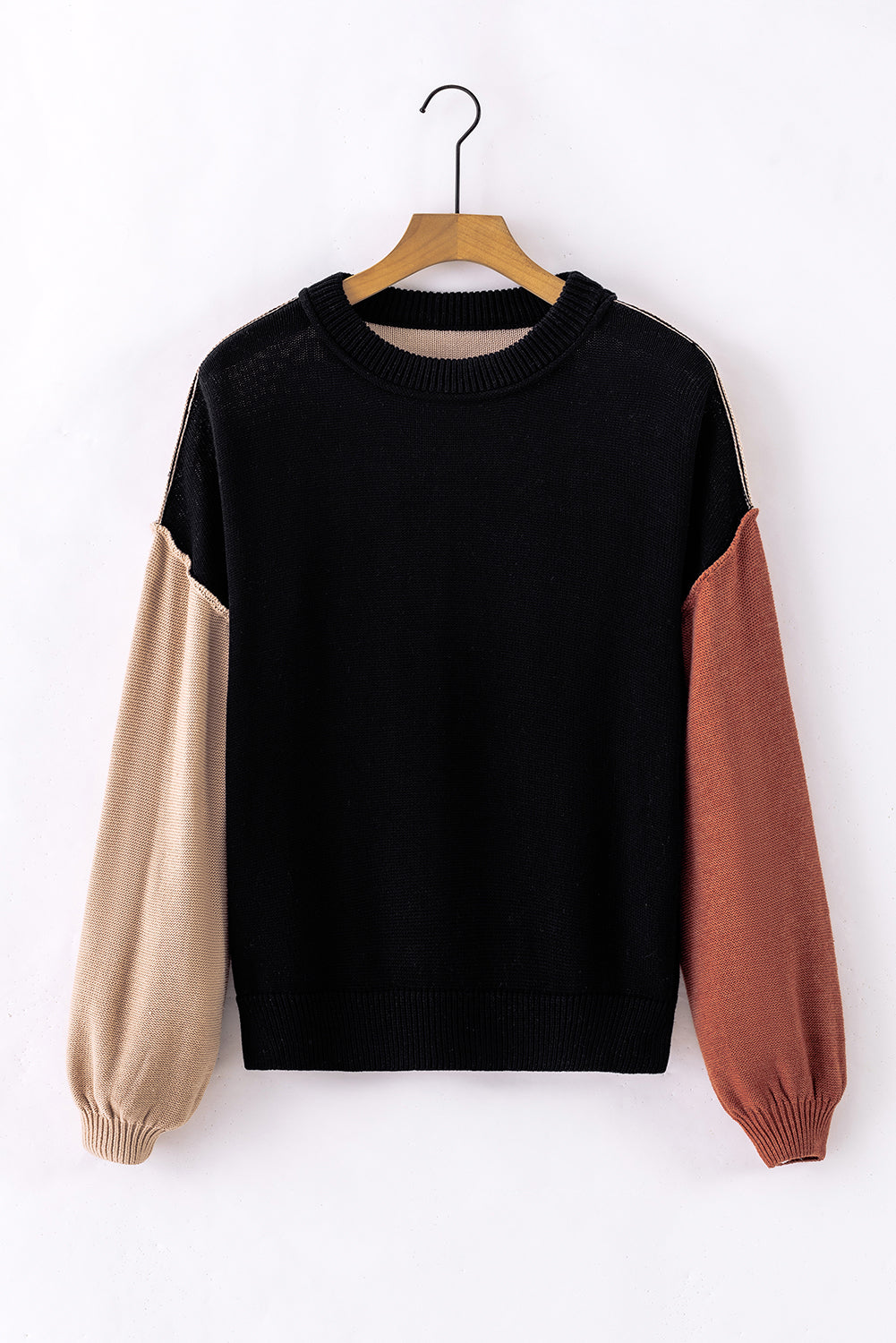 Black Colorblock Bishop Sleeve Ribbed Trim Sweater