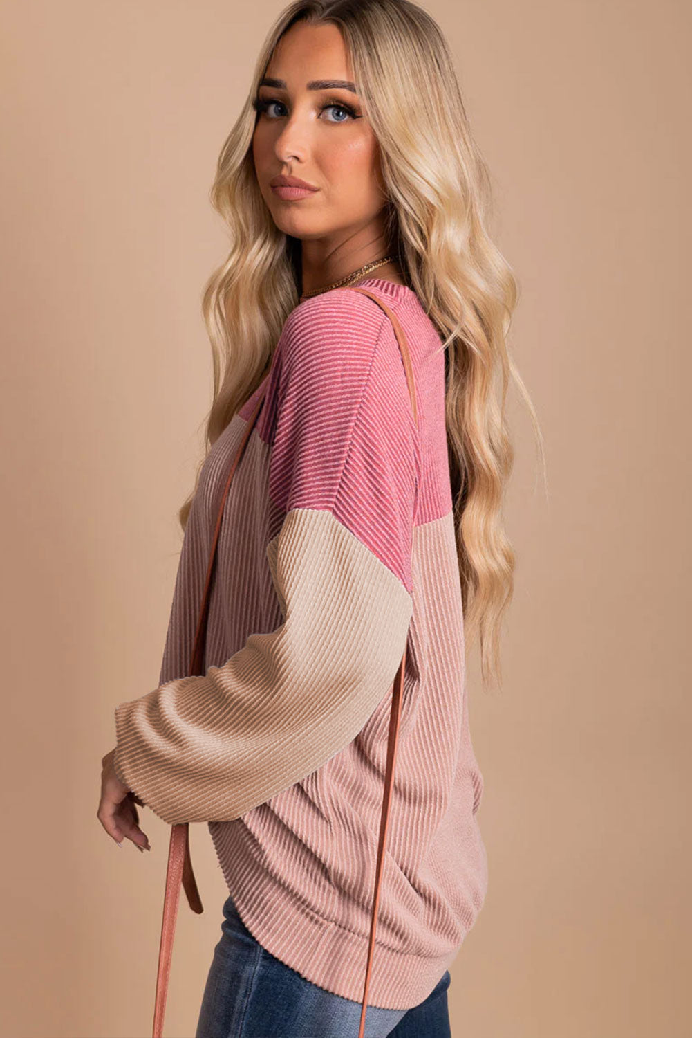 Khaki Color Block Long Sleeve Ribbed Loose Top
