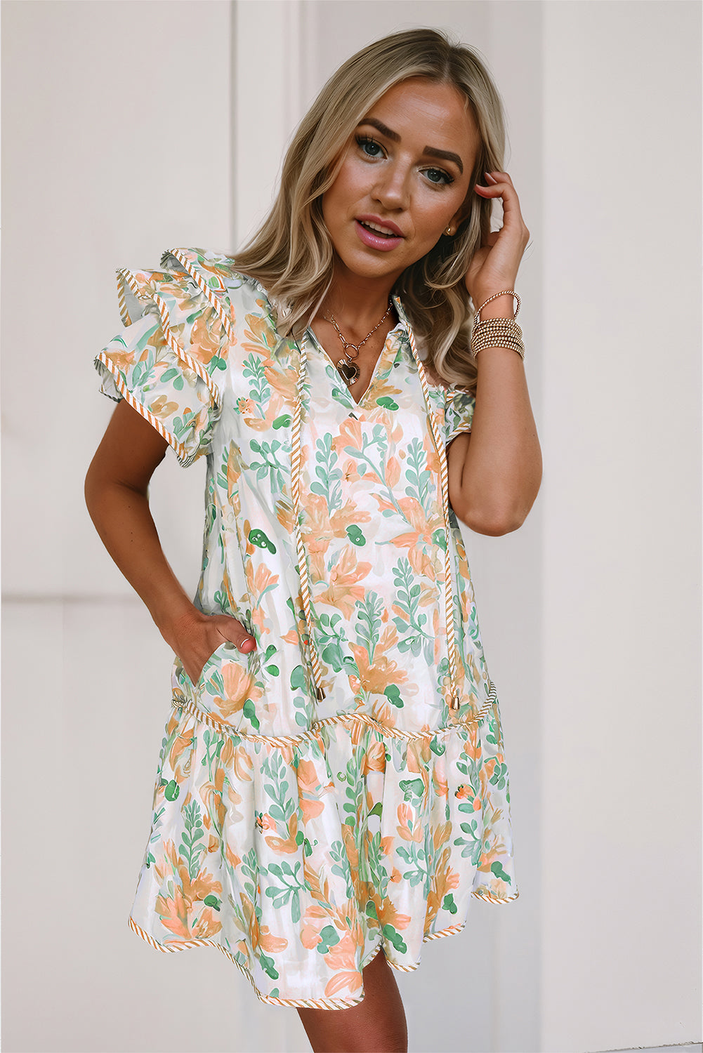 Sky Blue Floral Contrast Edge Layered Short Sleeve Mini Dress