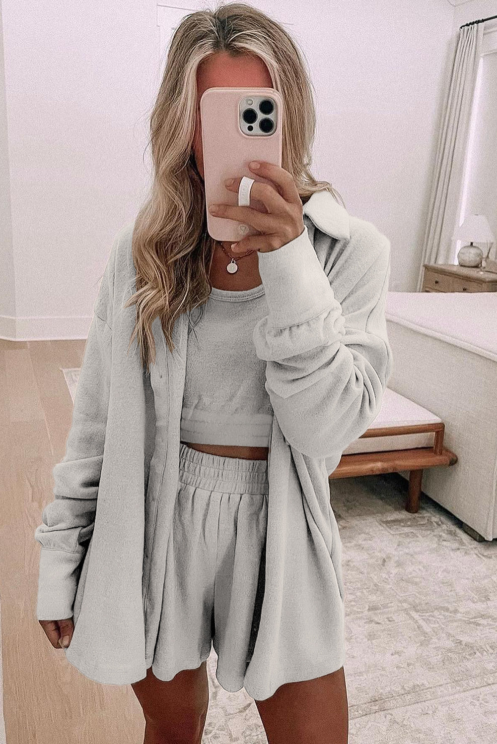 Light Pink 3 Pcs Crop Tank Top Shorts with Cardigan Lounge Set