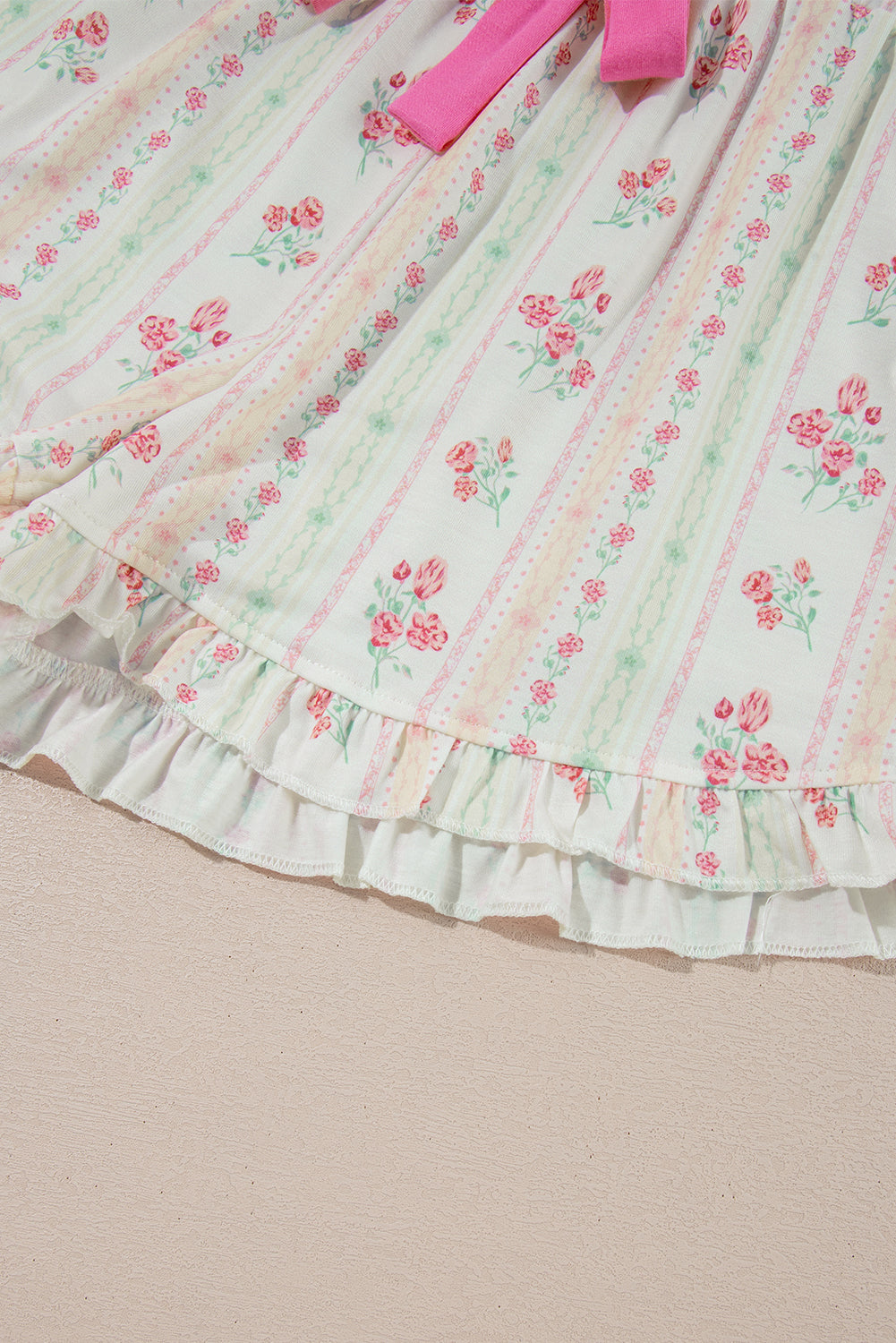 Beige Bow Fruit Print Contrast Pipping Short Pajamas Set