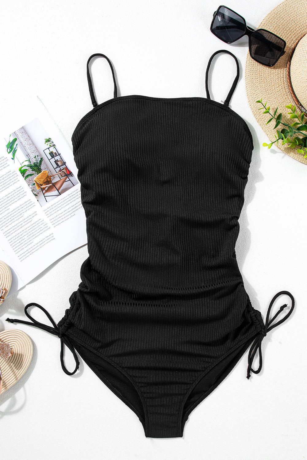 Laurel Green Ribbed Drawstring Sides Cutout One Piece Swimsuit