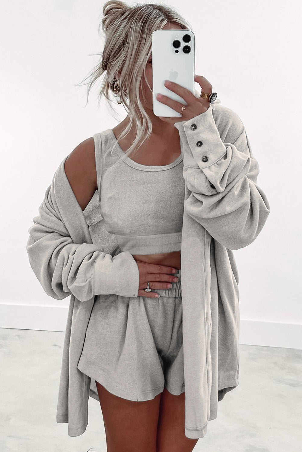 Light Pink 3 Pcs Crop Tank Top Shorts with Cardigan Lounge Set