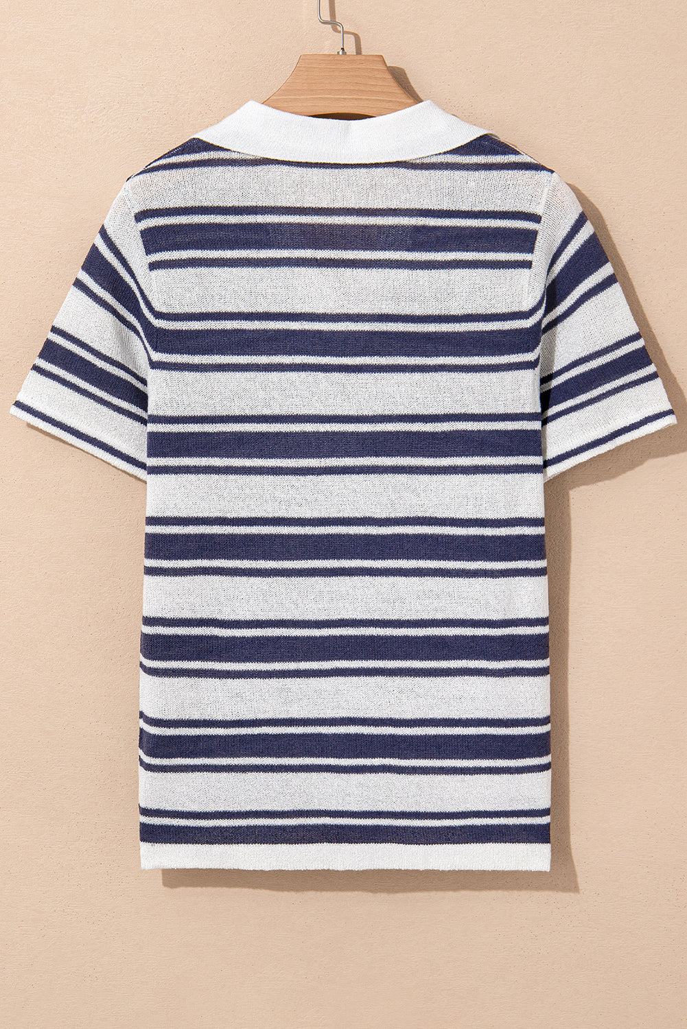 Dark Blue Stripe Collared Button V Neck Knitted T Shirt