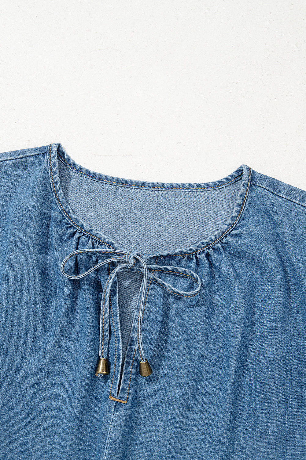 Dusk Blue Denim Ruffled Sleeve Lace up Front Peplum Top