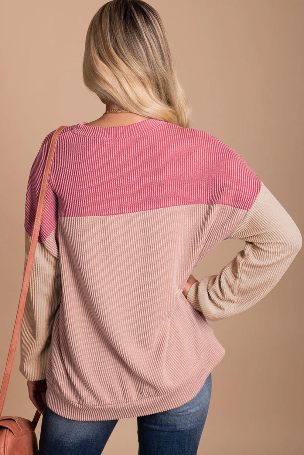 Khaki Color Block Long Sleeve Ribbed Loose Top
