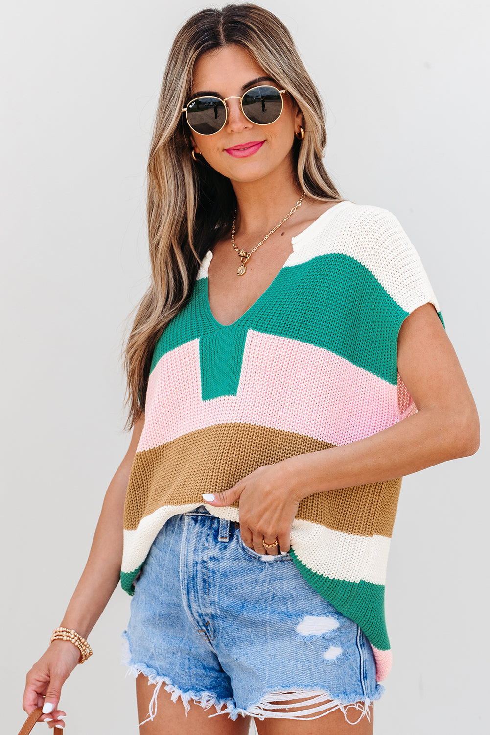 Pink Color Block Notch V Neck Sweater T Shirt
