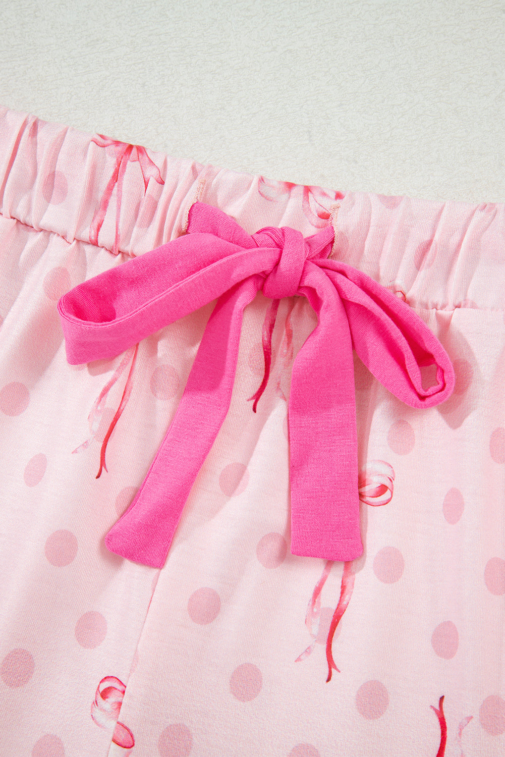 Beige Bow Fruit Print Contrast Pipping Short Pajamas Set
