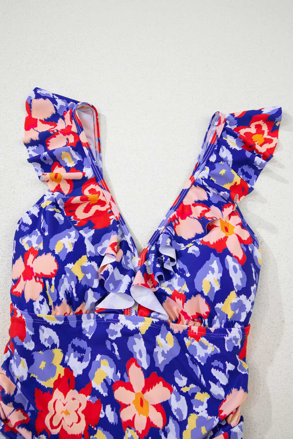 Pink Floral Ruffle Trim V Neck Lace-up Back Tummy Control One Piece Swimsuit