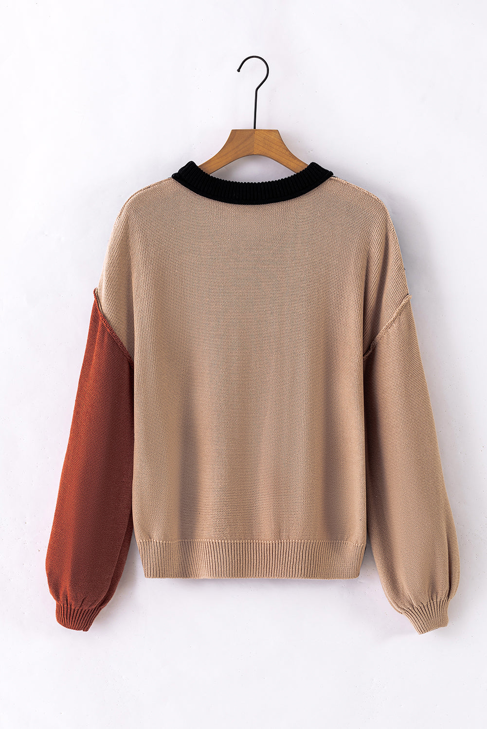 Black Colorblock Bishop Sleeve Ribbed Trim Sweater