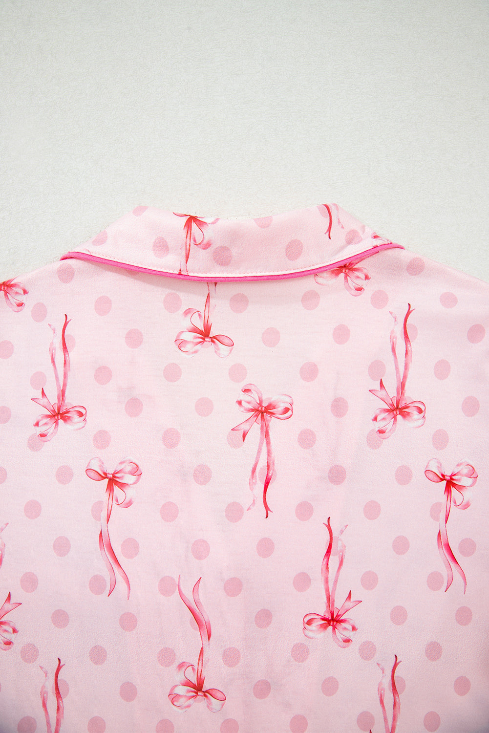 Beige Bow Fruit Print Contrast Pipping Short Pajamas Set