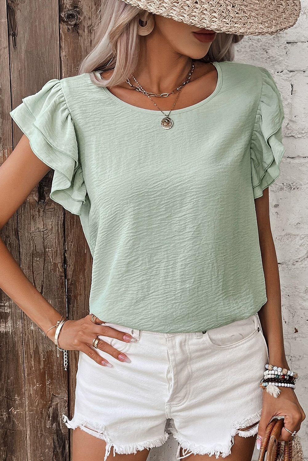 Beige Solid Color Ruffled Short Sleeve Casual Blouse