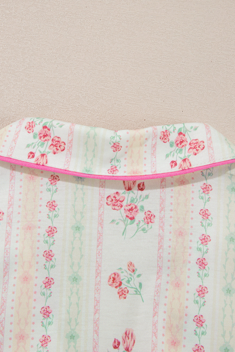 Beige Bow Fruit Print Contrast Pipping Short Pajamas Set