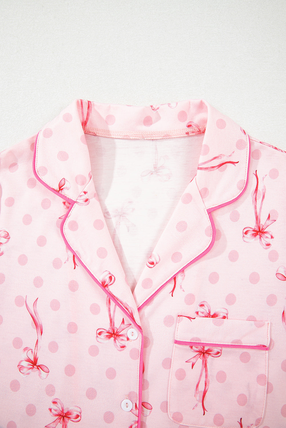 Beige Bow Fruit Print Contrast Pipping Short Pajamas Set