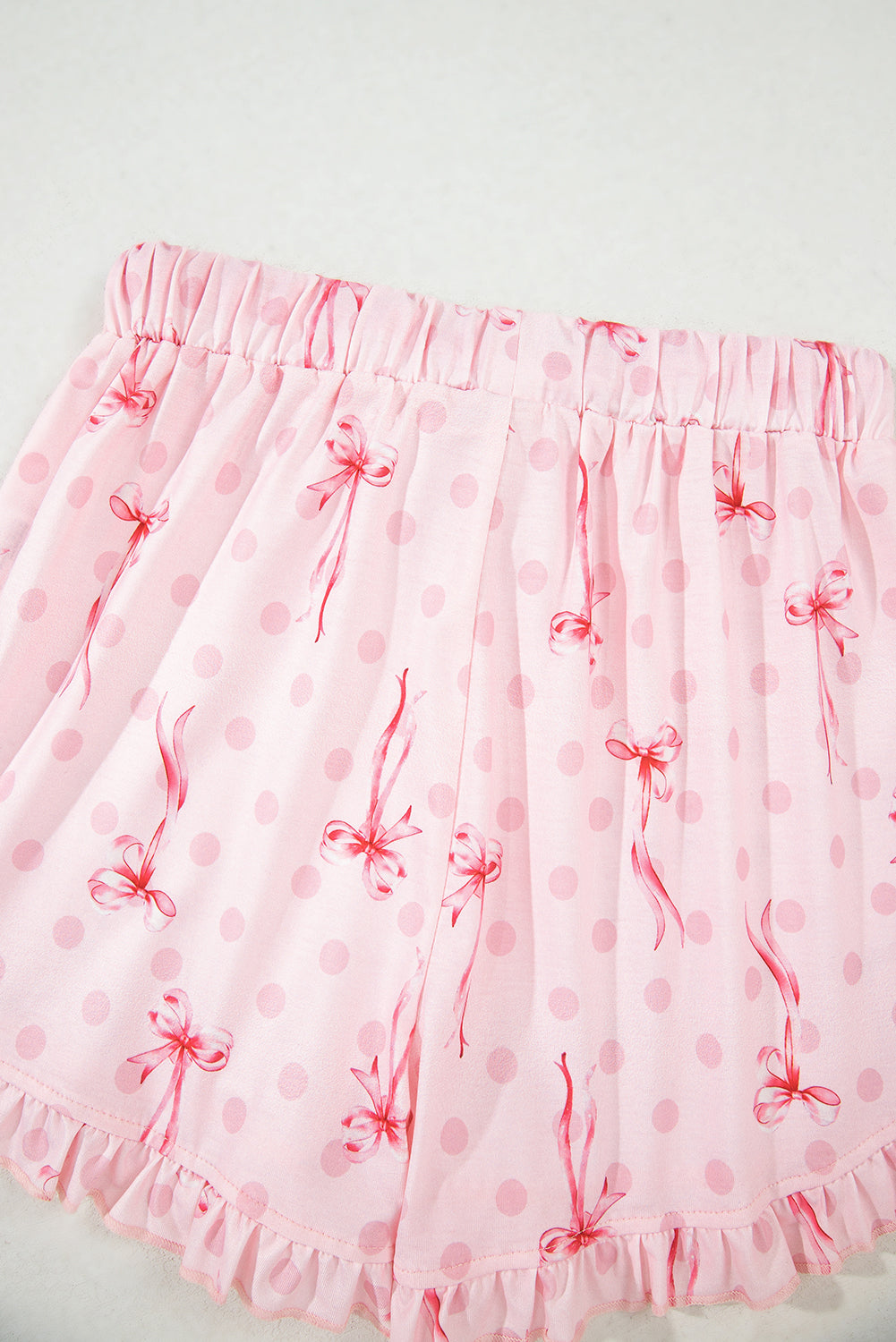 Beige Bow Fruit Print Contrast Pipping Short Pajamas Set