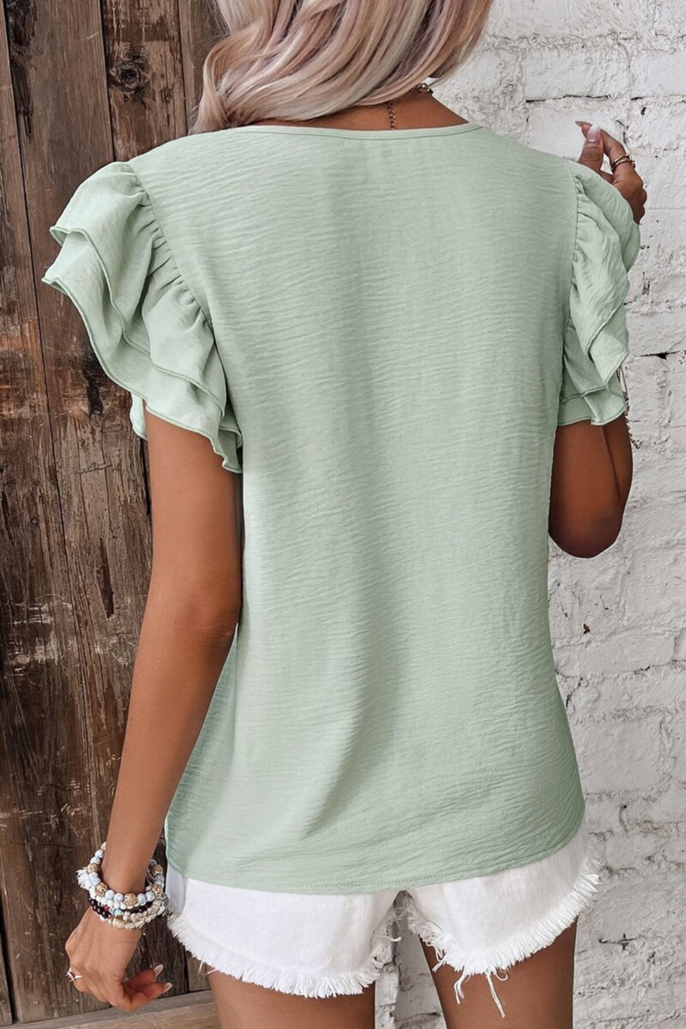 Beige Solid Color Ruffled Short Sleeve Casual Blouse