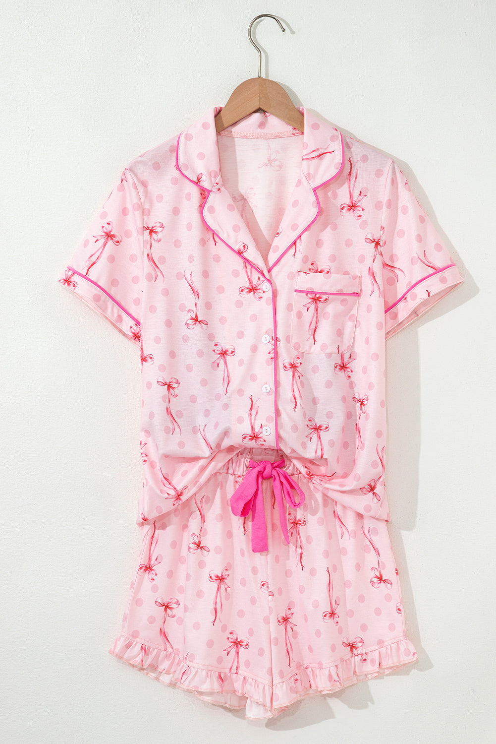 Beige Bow Fruit Print Contrast Pipping Short Pajamas Set