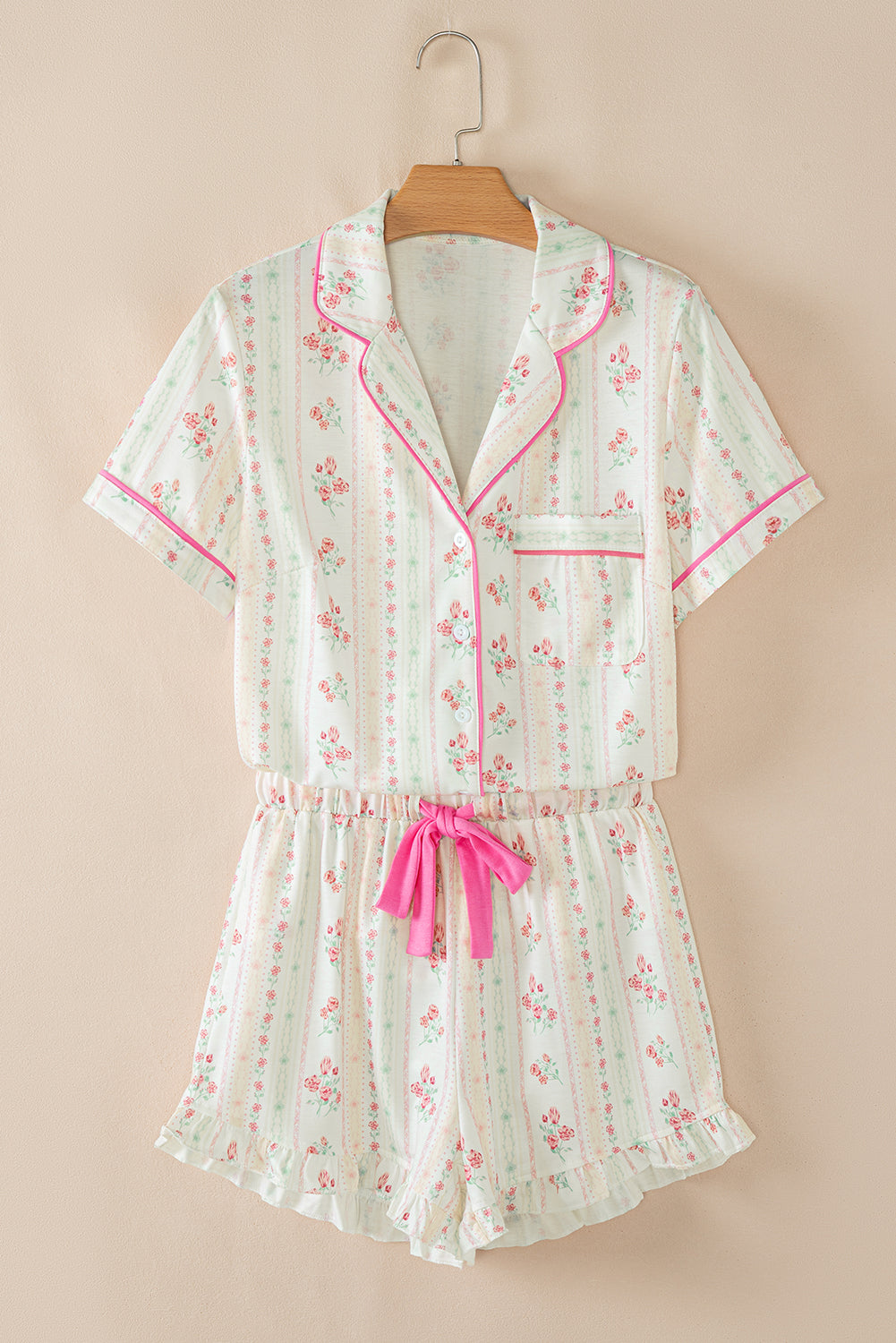 Beige Bow Fruit Print Contrast Pipping Short Pajamas Set