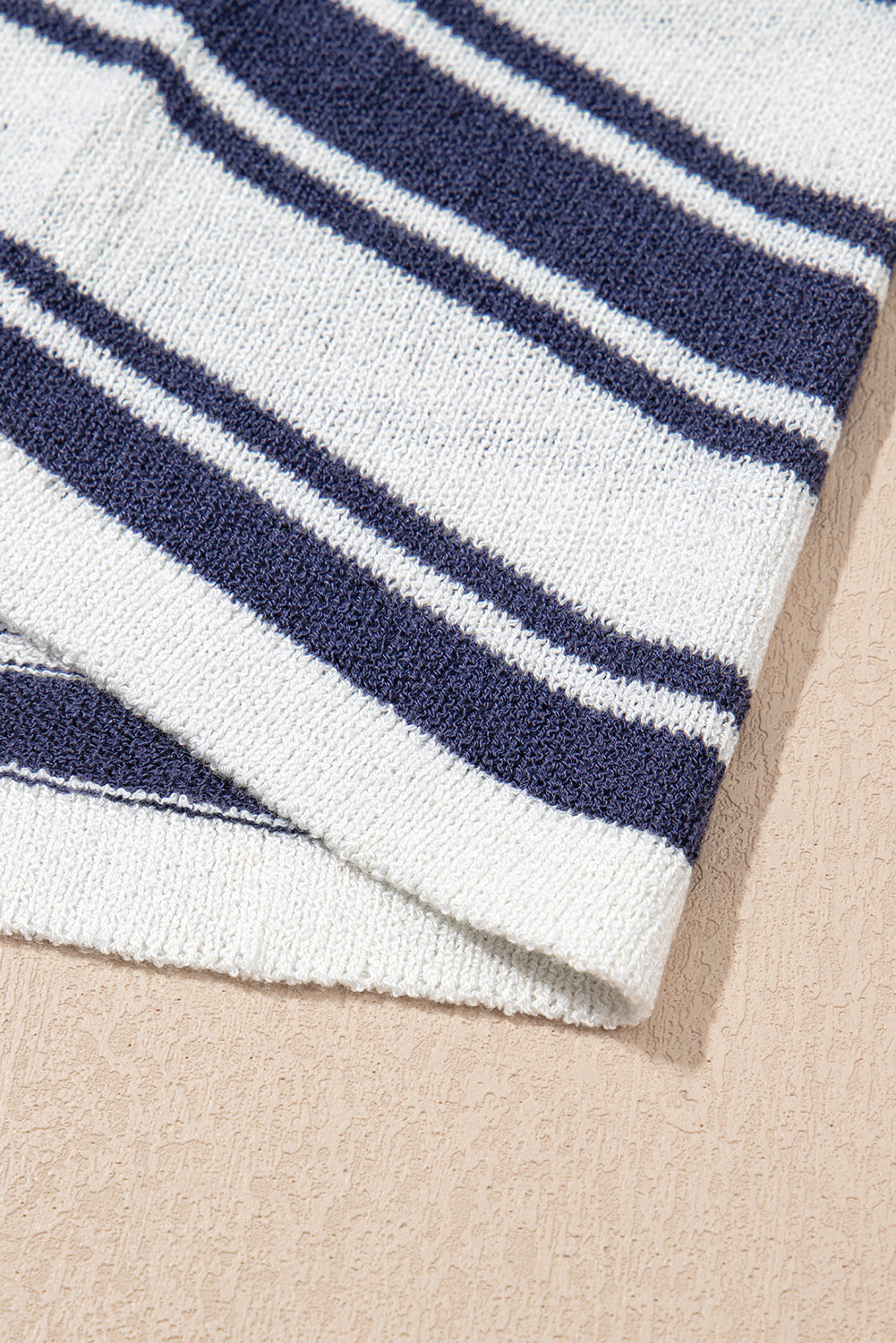 Dark Blue Stripe Collared Button V Neck Knitted T Shirt