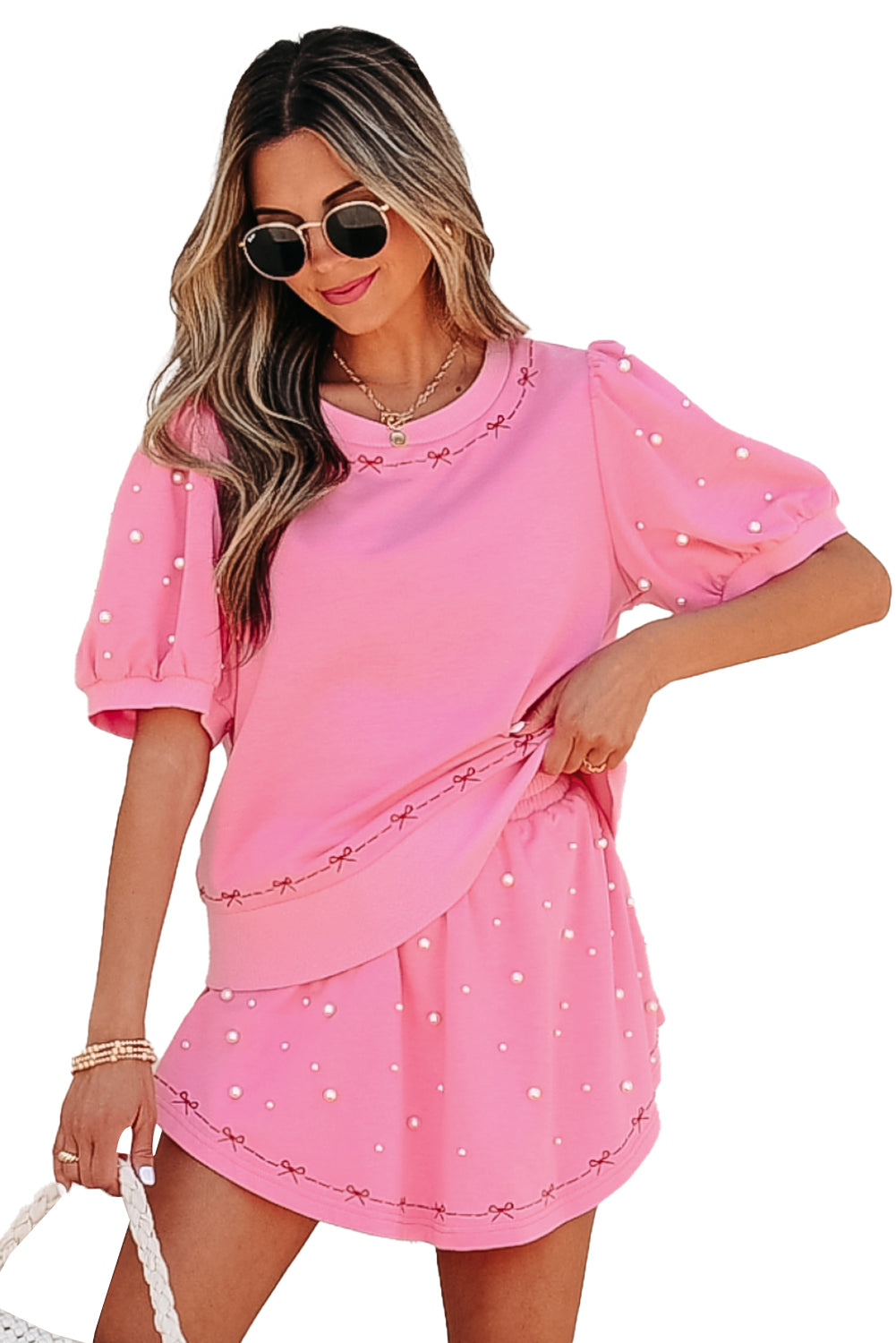 Pink Contrast Bow Trim Pearl Puff Sleeve Blouse and Skort 2pcs Set