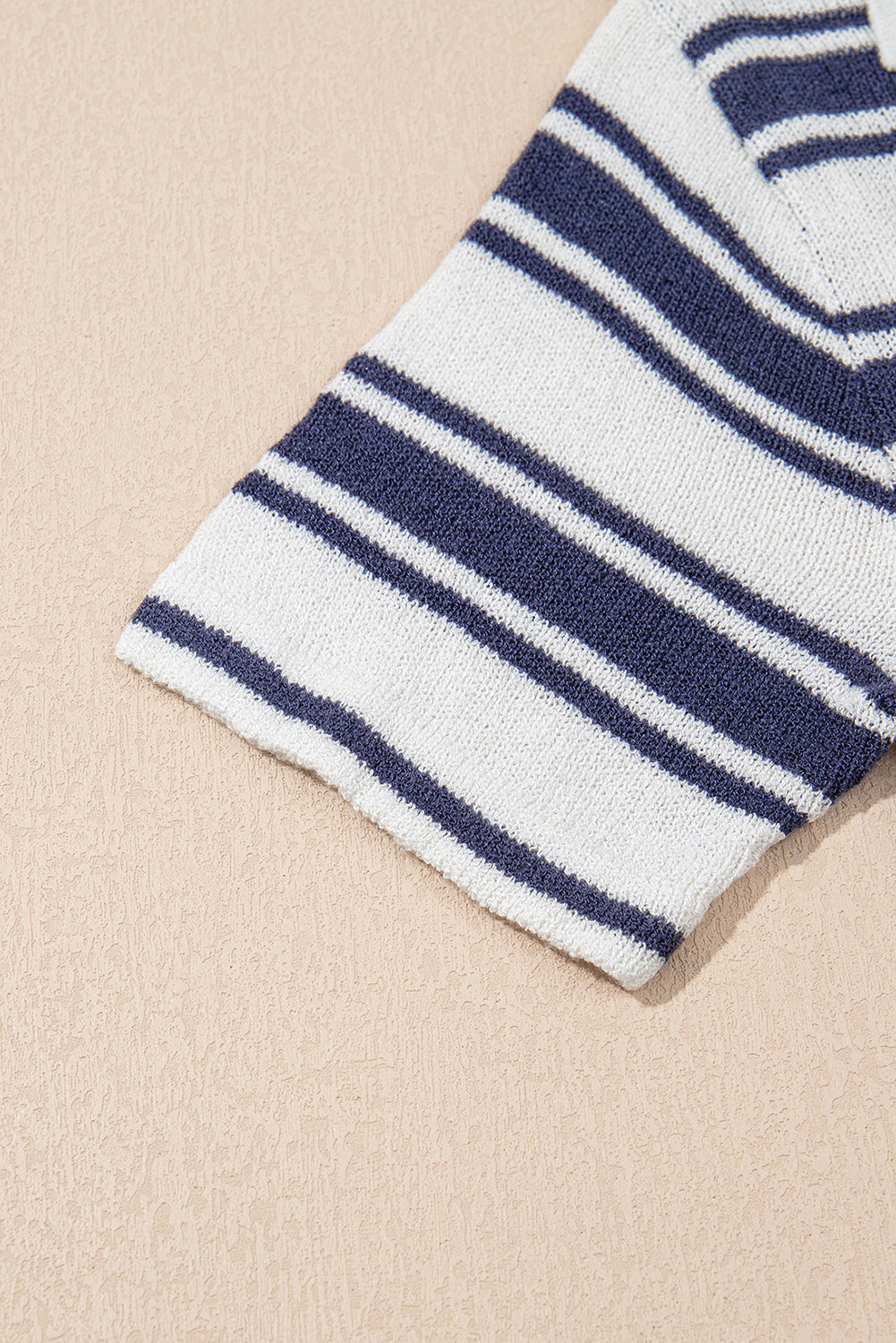 Dark Blue Stripe Collared Button V Neck Knitted T Shirt