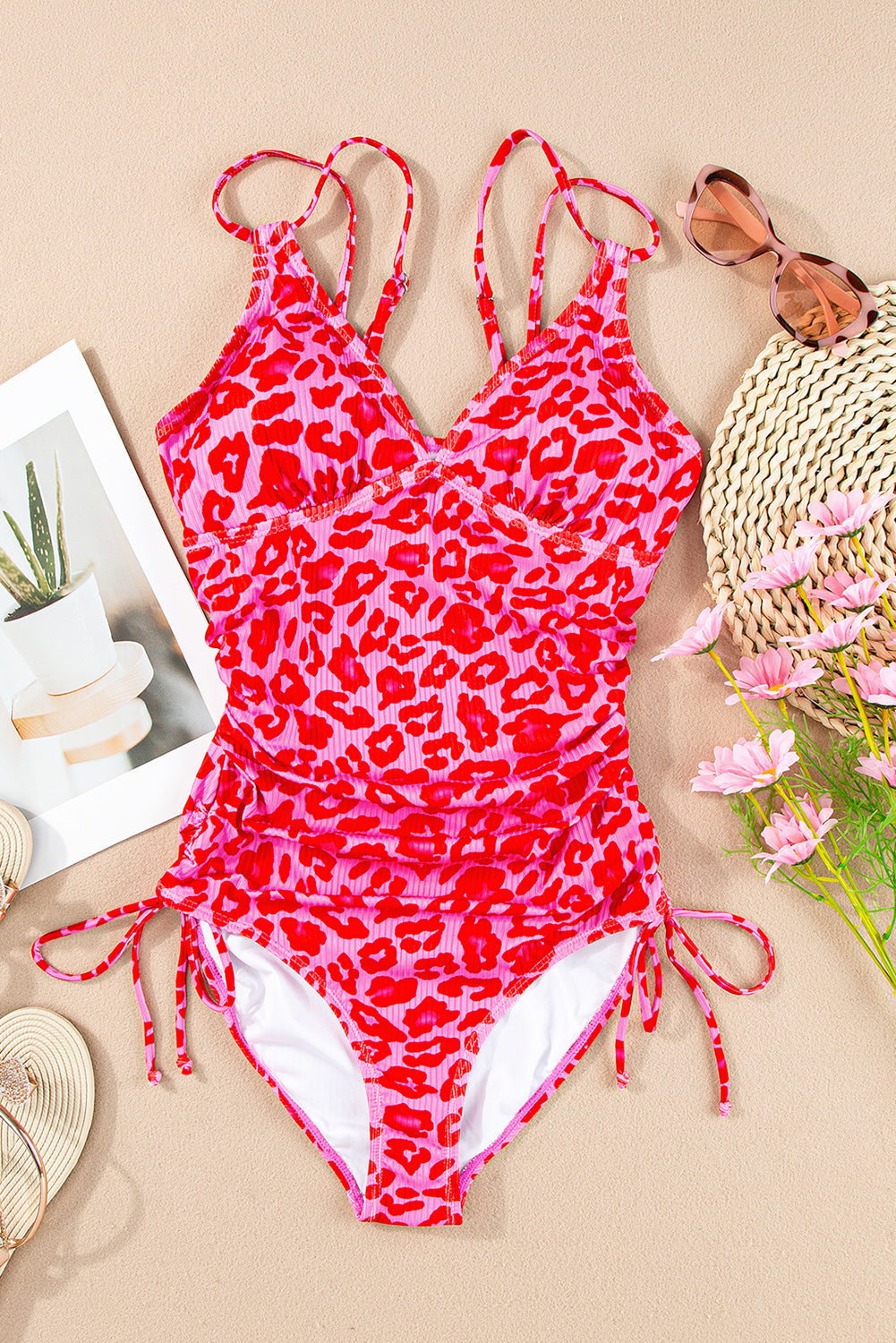Sky Blue Orange Adjustable Straps Ribbed Knit One Piece Swimsuit