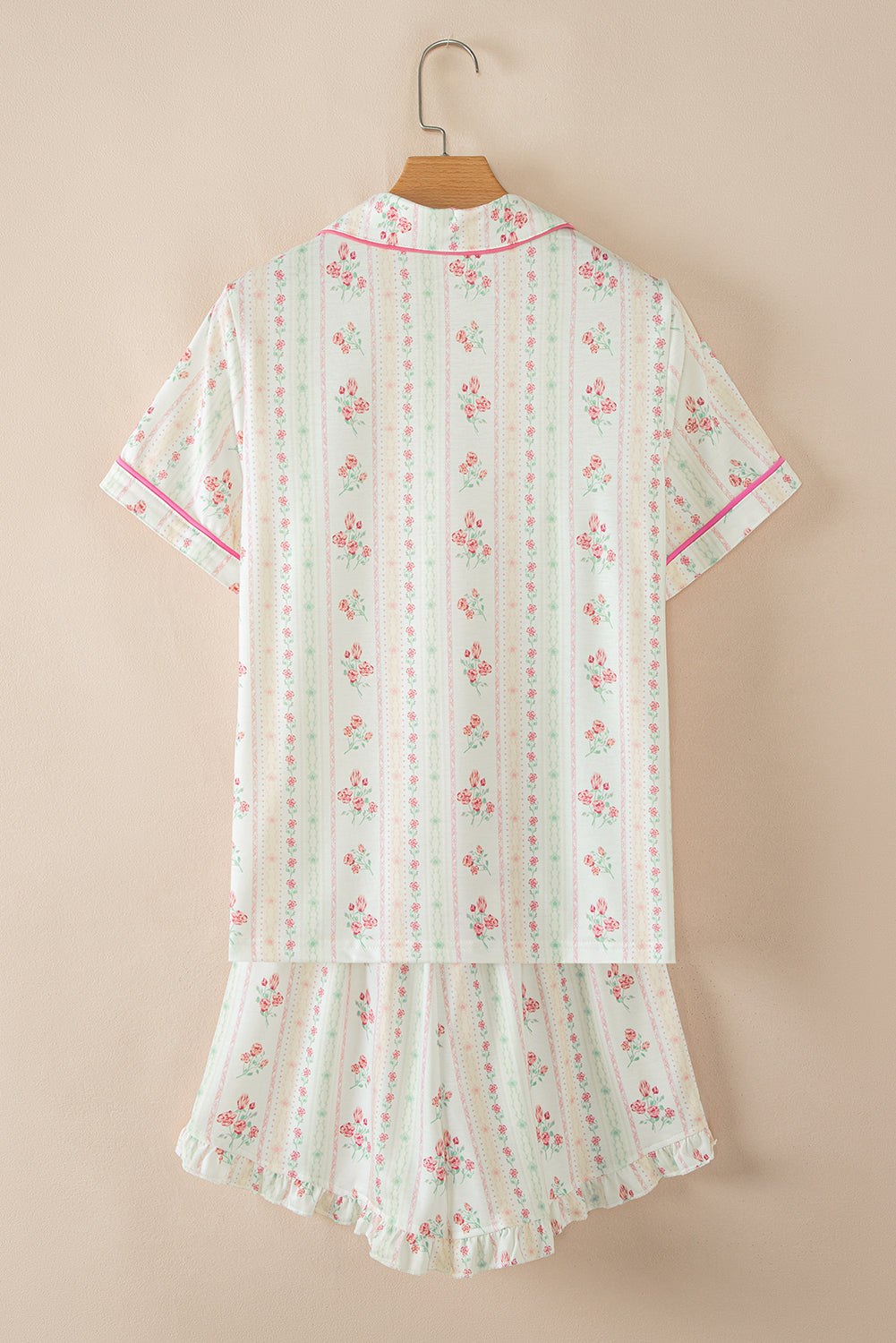 Beige Bow Fruit Print Contrast Pipping Short Pajamas Set