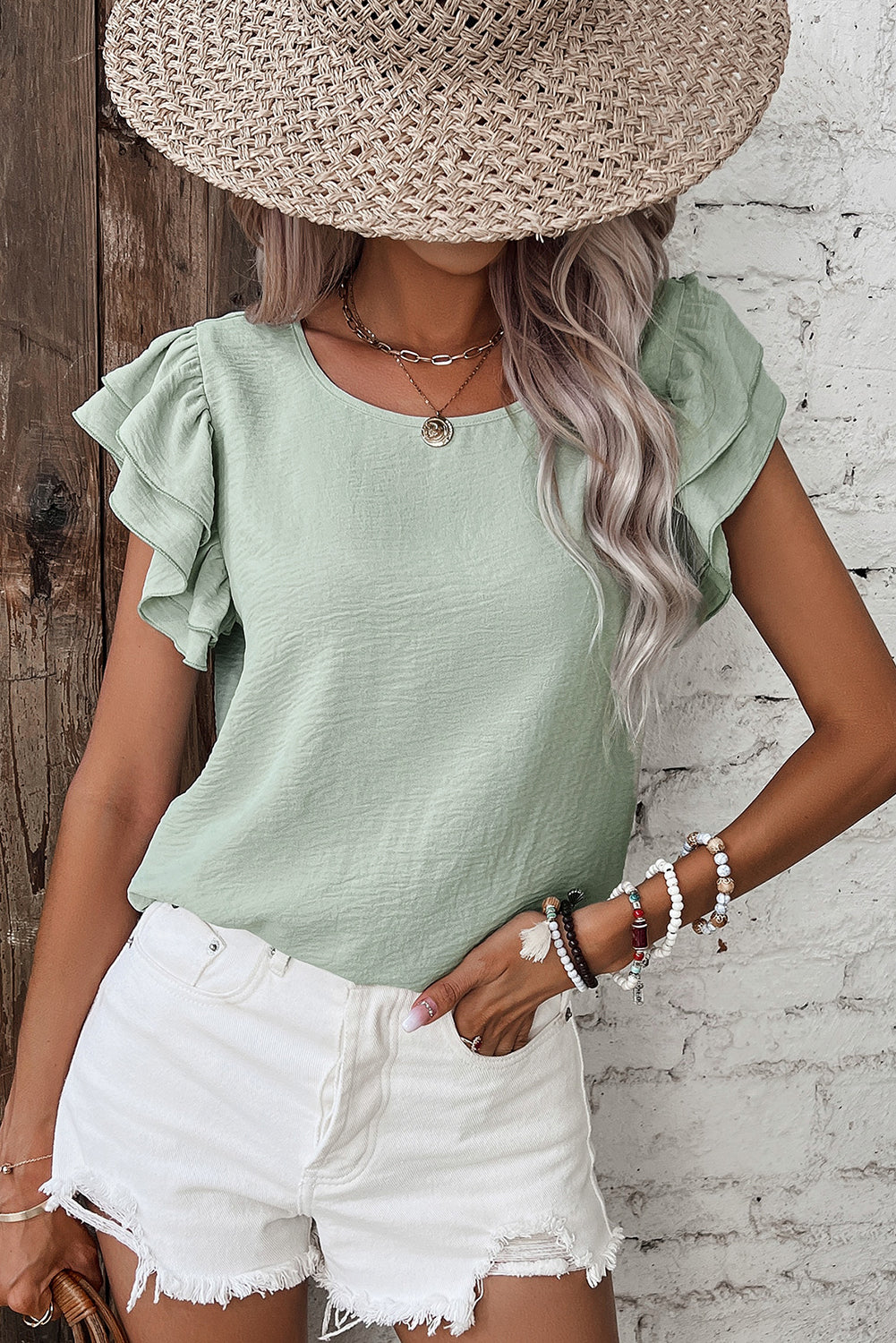 Beige Solid Color Ruffled Short Sleeve Casual Blouse