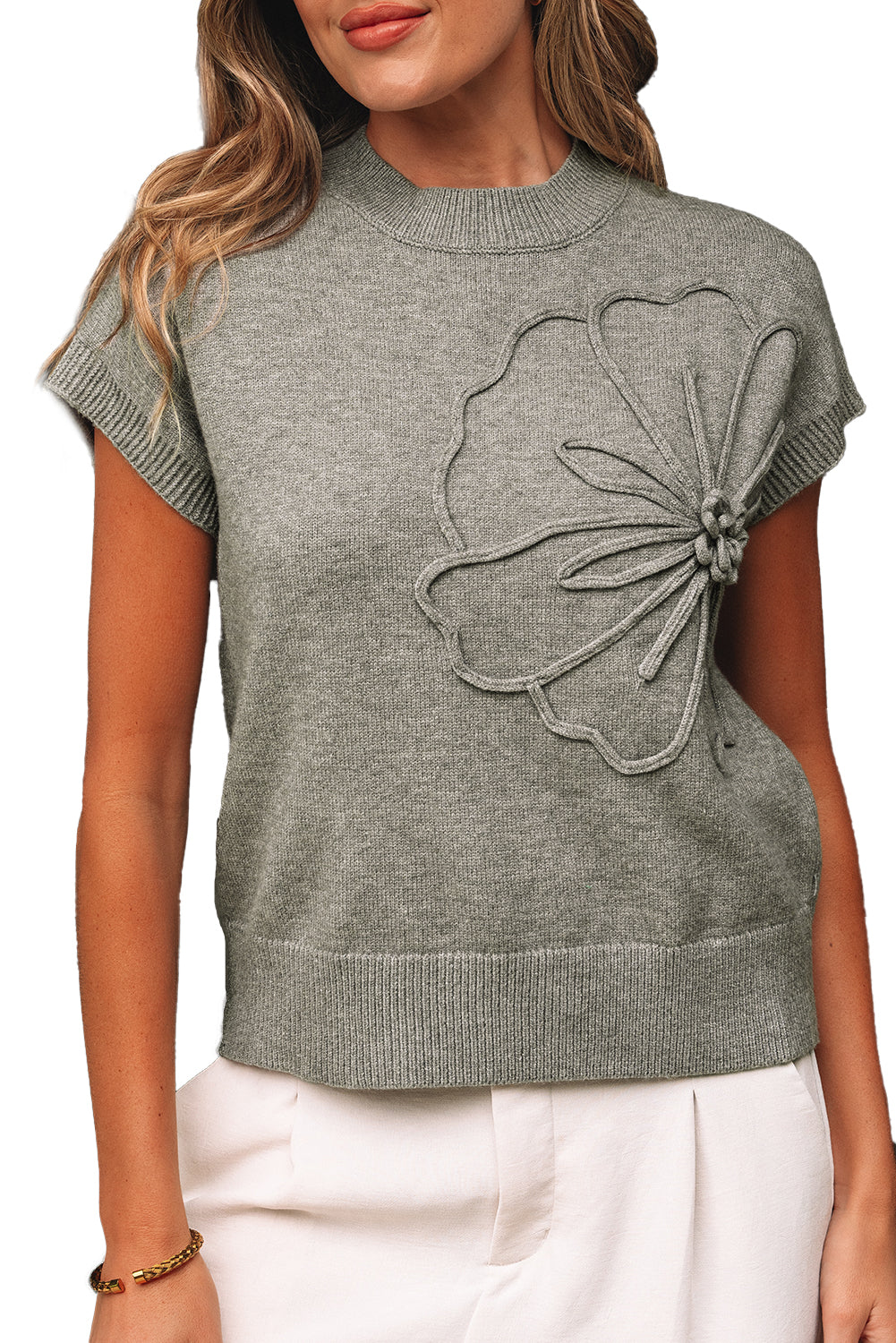 High Flower Pattern Ribbed Trim Short Sleeve Boxy Sweater