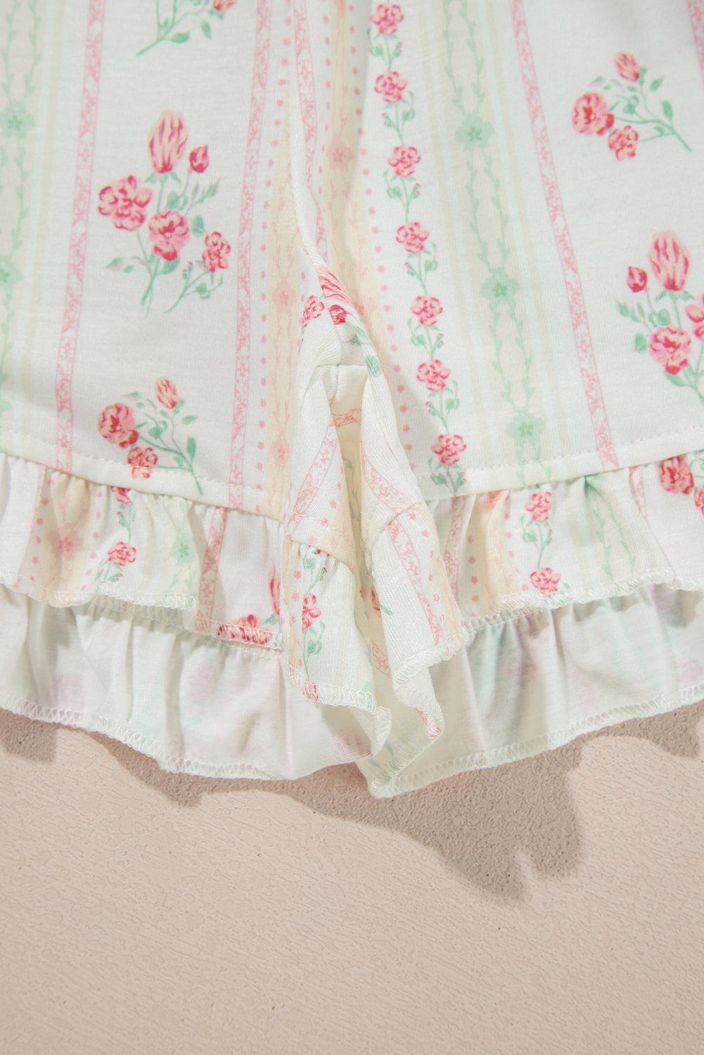 Beige Bow Fruit Print Contrast Pipping Short Pajamas Set