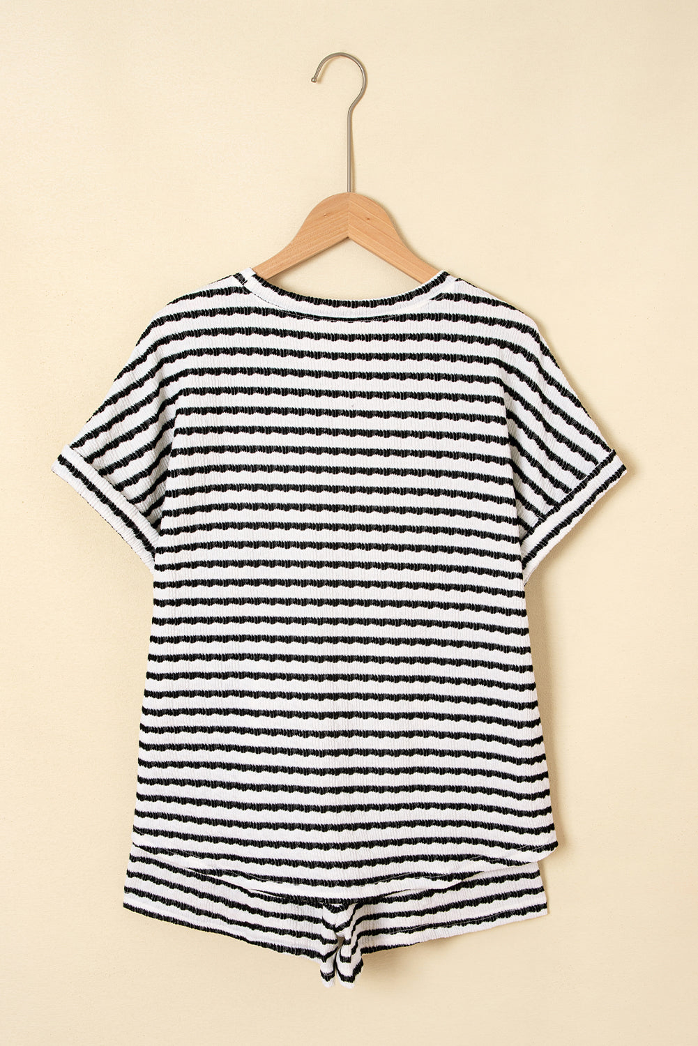 Sky Blue Stripe Knitted Short Sleeve Top and Drawstring Shorts Set