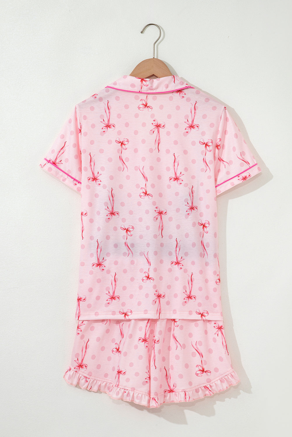 Beige Bow Fruit Print Contrast Pipping Short Pajamas Set