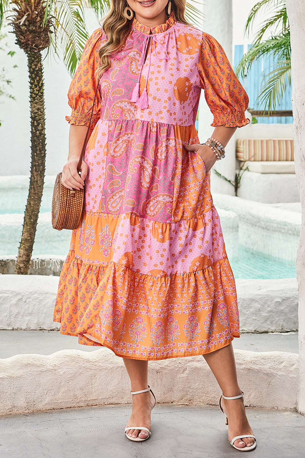 Pink Boho Paisley Floral Mixed Patchwork Tassel Tie Plus Size Midi Dress