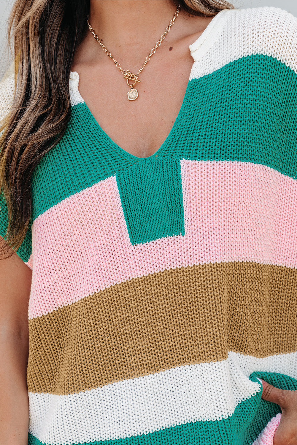 Pink Color Block Notch V Neck Sweater T Shirt