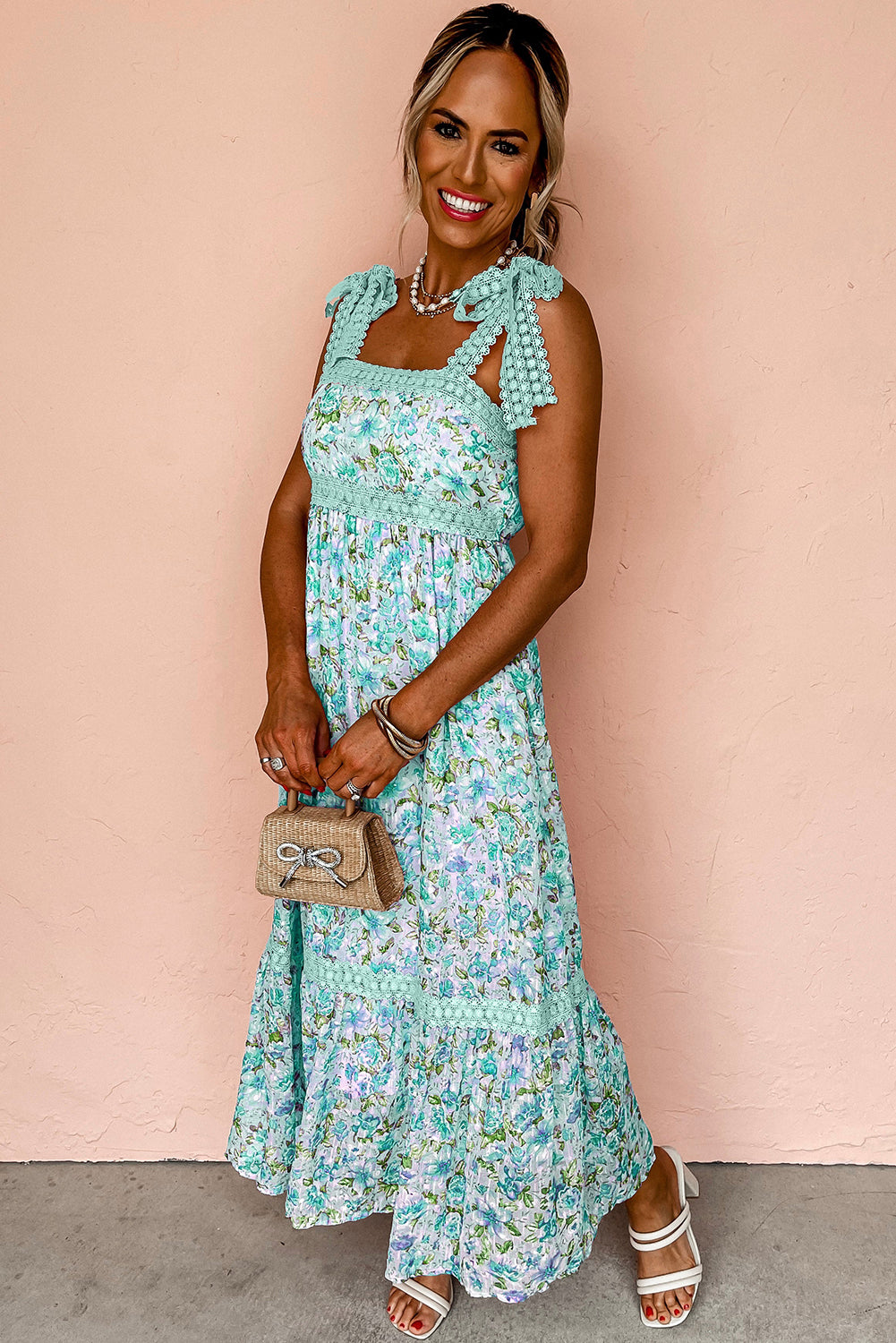 Rose Floral Lace Tied Strap Empire Waist Maxi Dress