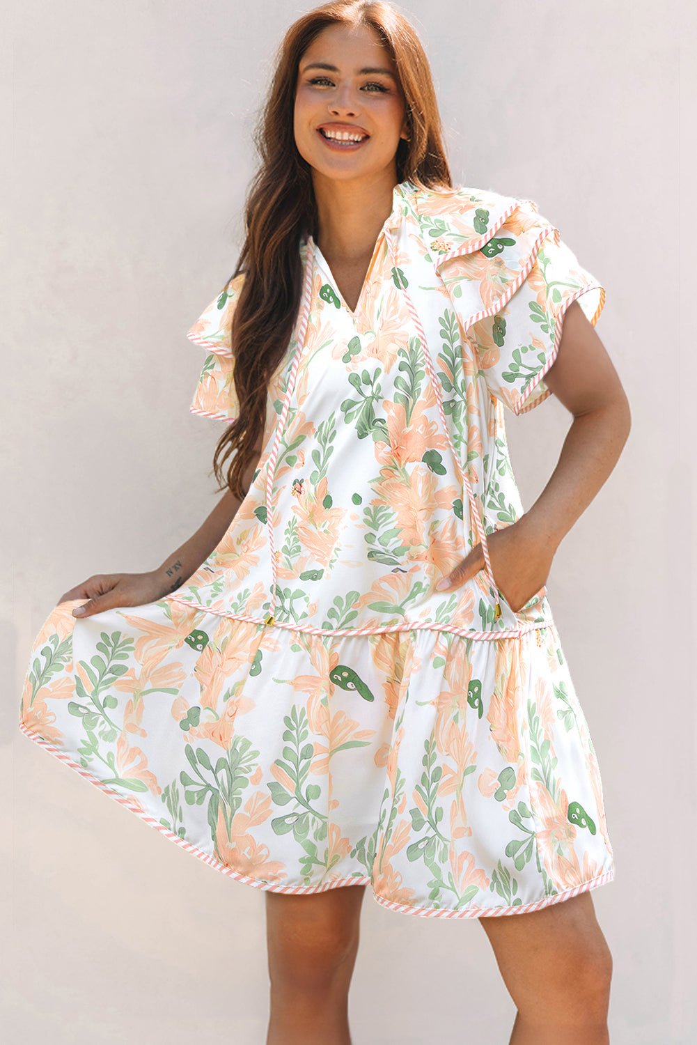 Sky Blue Floral Contrast Edge Layered Short Sleeve Mini Dress