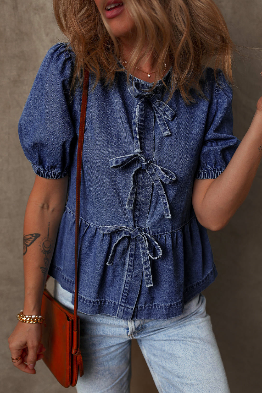 Sail Blue Tied Front Bubble Sleeve Peplum Denim Shirt