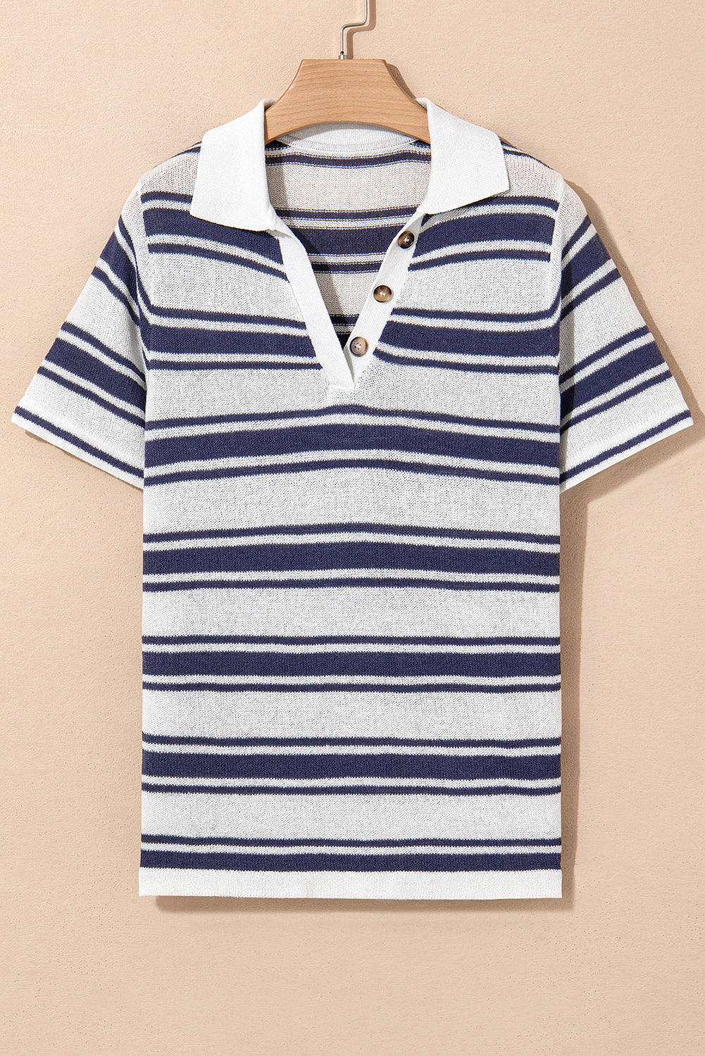 Dark Blue Stripe Collared Button V Neck Knitted T Shirt