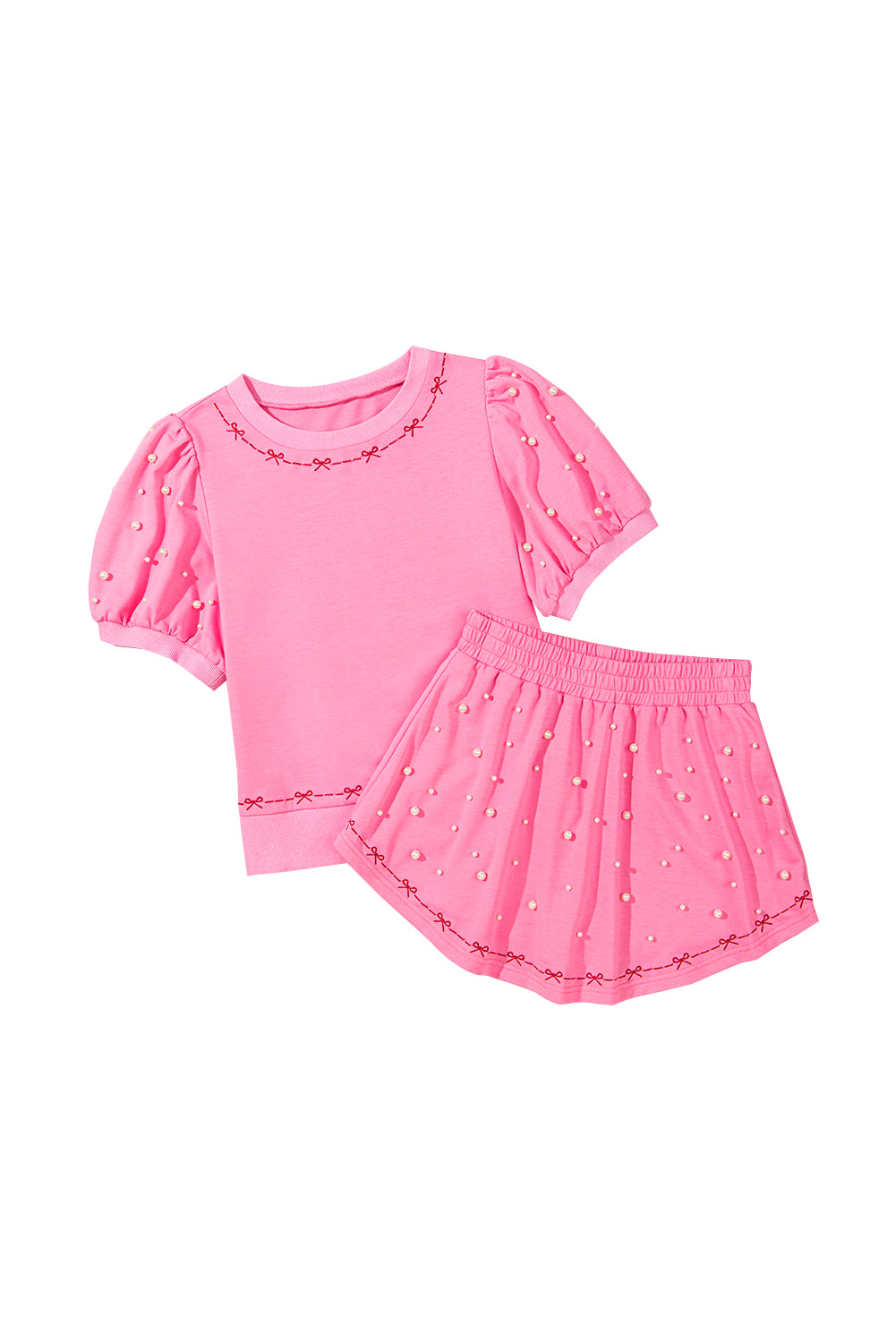 Pink Contrast Bow Trim Pearl Puff Sleeve Blouse and Skort 2pcs Set